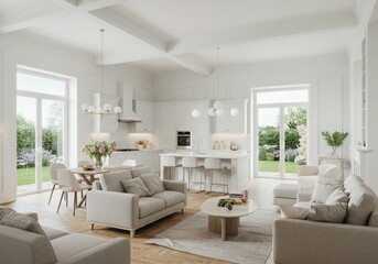 Fototapeta premium Modern kitchen mockup table interior in a luxury home with stylish design, windows, furniture, and a spacious layout