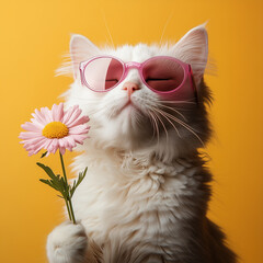 A cat holding a flower.