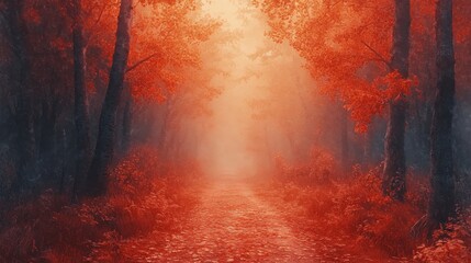 A Mysterious Path Through an Autumnal Forest: A Dreamy Landscape of Vibrant Red Leaves and Mist