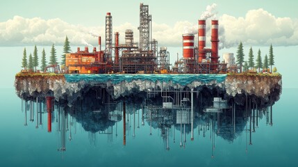 Island refinery, industrial complex, ocean, pollution, environmental impact, illustration