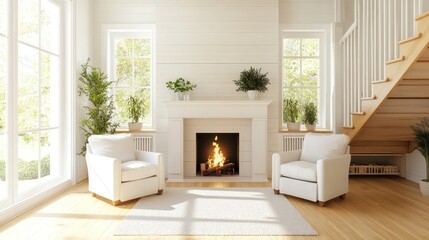 Cozy living room fireplace, sunny day, stairs, plants. Home interior design