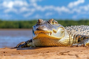 Fototapeta premium A Nile crocodile resting on a riverbank, its eyes just above the waterline