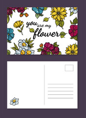 Naklejka premium Illustration of vibrant flower greeting cards with cute phrase