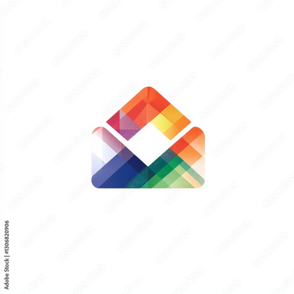 Poster colorful abstract open envelope: modern logo design with geometric shapes and vibrant transparency
