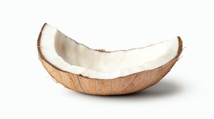 A fresh coconut slice on a white background, showcasing its natural texture and tropical charm.