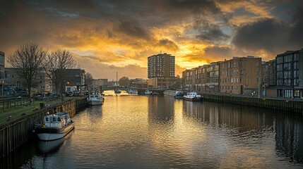 Fototapeta premium Dramatic sunset over calm canal with boats and buildings.