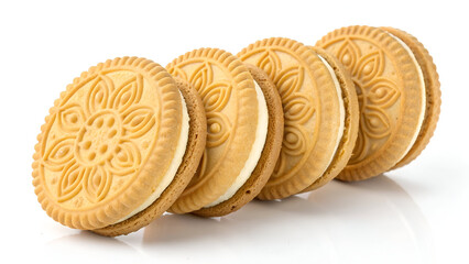 Golden sandwich cookies with embossed patterns and a creamy vanilla center, neatly arranged against a crisp white background.