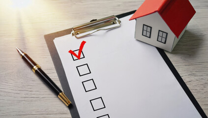 Checklist for home buying with pen and model house