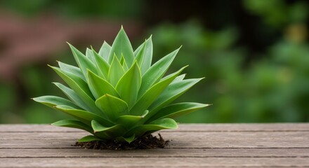 Obraz premium Succulent plant on wooden surface with blurred green background. Miniature agave or aloe vera. Houseplant, gardening, and nature concept. Eco-friendly decor for home or office.