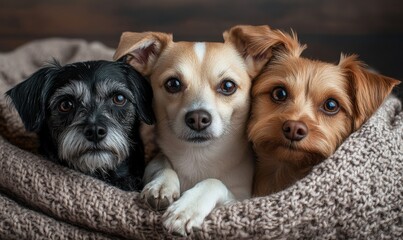 Three adorable dogs posing together on a cozy blanket