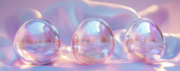 Naklejka premium Three futuristic Easter eggs with holographic reflections sit isolated in a soft, tech inspired environment. Their transparent surfaces catch light, creating a contemporary aesthetic that merges tradi