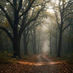 Obraz premium Ethereal Path: A Misty Autumn Walk Through the Woods