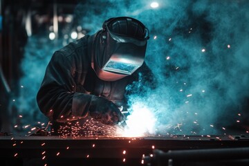 Welder industrial worker welding with argon machine