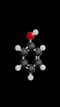 Molecule: Carbolic Acid. Chemical Structure Model: Ball and stick. Molecular Formula: C6H6O. Isolated on a black background. Seamless looping Vertical video. 3D render.