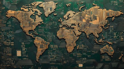 World map constructed from intricate circuit board patterns, highlighting the role of electronic components in global trade and the expanding electronics market. A visual metaphor for technological ex