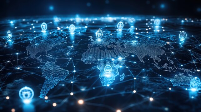 Worldwide business connectivity diagram, highlighting data-driven customer interaction, HR management, and global outsourcing strategies.  