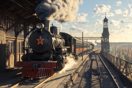 A black and red steam locomotive with the Soviet star on its front is pulling into an old wooden train station