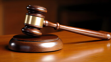 Judge's gavel resting on wooden table, in a courtroom background.