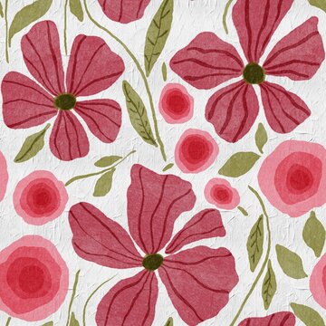 Abstract Digital Painting Hand Drawing Watercolor Poppy and Malva Flowers and Leaves Seamless Textile Pattern with Oil Canvas Textured White Background
