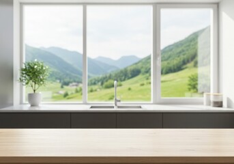 Fototapeta premium Modern kitchen interior mockup table living room with fireplace and contemporary design