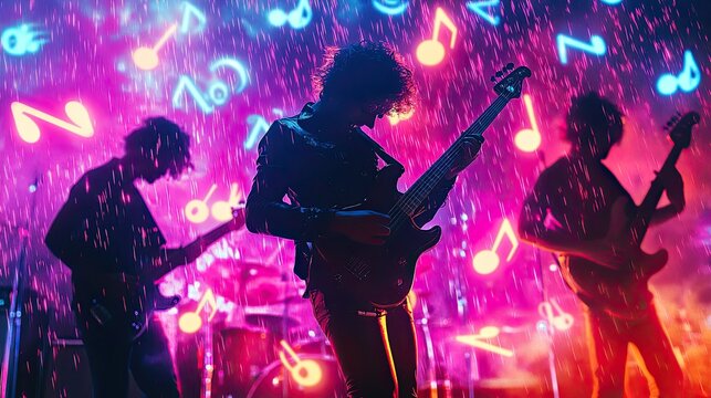 Rock band performing on stage under heavy rain with neon red blue lighting. Musicians playing electric guitars drums, creating dynamic atmosphere. Dramatic weather and lighting effects. Generative AI
