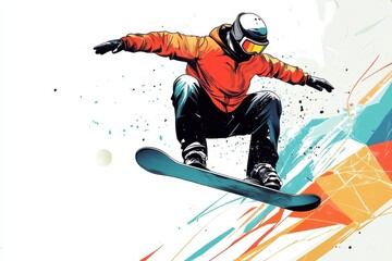 Dynamic Snowboarder in Action with Colorful Abstract Background