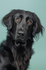 Flat-Coated Retriever dog on minimalistic colorful background with Copy Space. Perfect for banners, veterinary ads, pet food promotions, and minimalist designs.