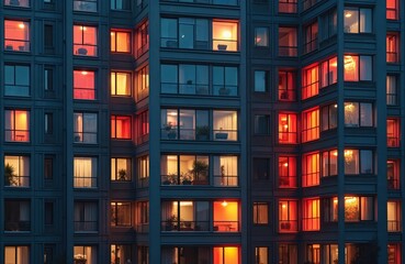 Modern apartment building at dusk grid-like facade with multiple windows. Windows lit up in different warm colors creating colorful pattern. City night lights shine from building balconies, glasses.