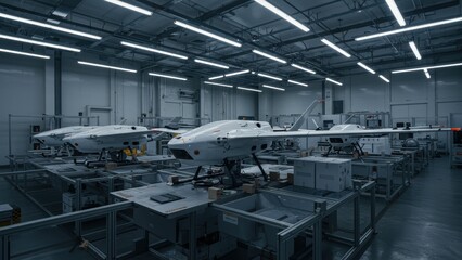 High tech workshop displaying advanced drones and equipment, emphasizing innovation in the aerospace industry