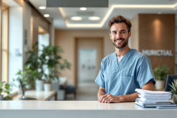 Fototapeta premium Healthcare professional in scrubs at a modern clinic smiling during working hours