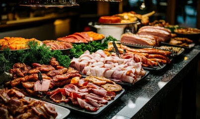 Variety of meats including bacon, sausage, and ham are displayed on a table. Concept of abundance and indulgence, as the meats are piled high and seem to be plentiful
