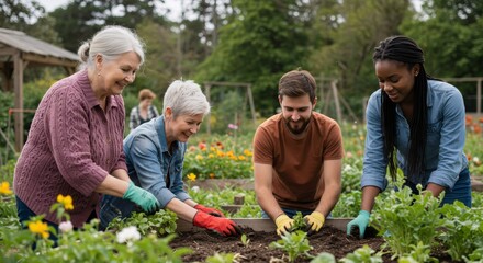 Diverse group of people gardening together in community garden. Seniors and young adults planting flowers and vegetables. Intergenerational activity promoting social connection