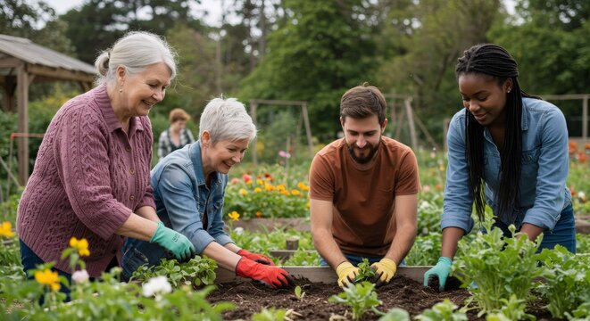 Diverse group of people gardening together in community garden. Seniors and young adults planting flowers and vegetables. Intergenerational activity promoting social connection