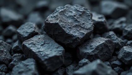Close-up of raw coal ore extracted. Dark black mineral resource piled. Industrial fossil fuel, geology extraction, earth science. Raw material provides energy for industry, power plants. Fuel crisis,