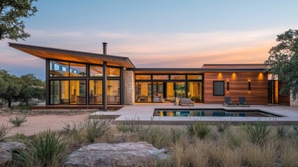 Fototapeta premium Modern house with pool at sunset.