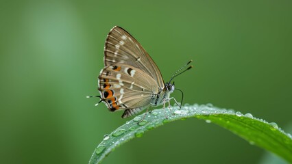 Close up of butterfly perched on green leaf with dew drops, showcasing nature's beauty and vibrant colors