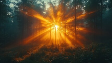 Fototapeta premium magical sunrise through misty forest with sunbeams