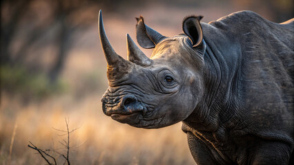 Fototapeta premium majestic black rhinoceros stands proudly in golden light of savannah, showcasing its distinctive features and powerful presence