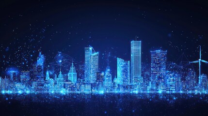 Fototapeta premium Futuristic city skyline, digital network, glowing nodes.