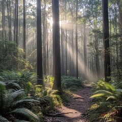 Fototapeta premium Scenic Pine Forest Path with Green Trees and Lush Vegetation