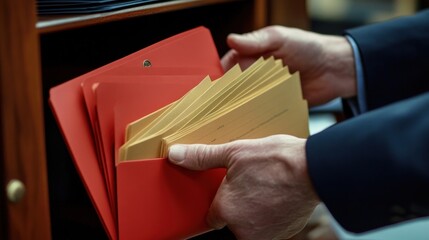A Person's Hands Carefully Handling Documents Inside a Red Folder, in a Wooden Cabinet