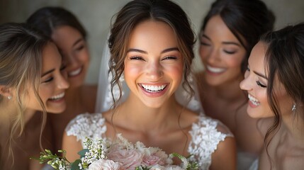 Candid shot of a bride laughing joyfully with her bridesmaids during wedding celebration