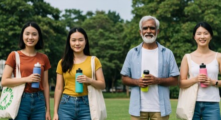 Diverse group of people enjoying drinks in park. Three Asian women and senior Indian man holding colorful bottles. Multigenerational outdoor gathering, friendship concept.
