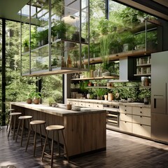 Fototapeta premium greenery kitchen with glass wall
