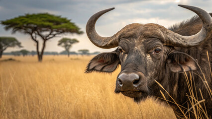 Naklejka premium Close up of African buffalo savannah, showcasing its impressive horns and rugged features against backdrop of tall grass and acacia trees. scene evokes sense of wild beauty and majesty of nature