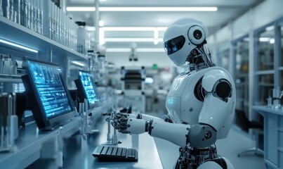 Advanced robotics laboratory featuring a humanoid robot, surrounded by sleek machinery and glowing screens in a clean, high-tech environment .