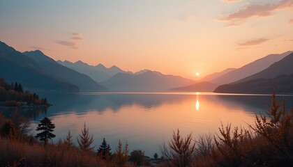 Obraz premium Dreamy Mountain Lake Sunset with Reflecting Hues