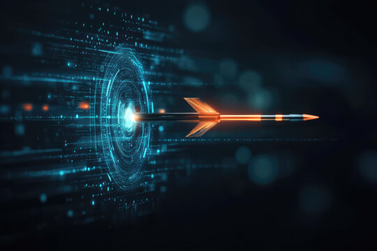 Futuristic abstract arrow hitting a goal icon in a digital landscape symbolizing precision success and strategic impact