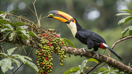 Fototapeta premium vibrant toucan perched on branch, enjoying colorful fruits in lush green environment. This scene captures beauty of wildlife in its natural habitat