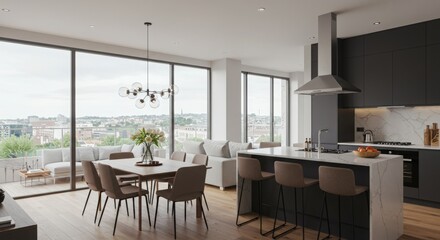 Fototapeta premium Modern living room interior design with fireplace and stylish furniture in a luxury apartment